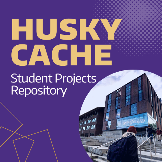 Graphic which reads Husky Cache appĸ Projects Repository with an image of student on UW Bothell campus